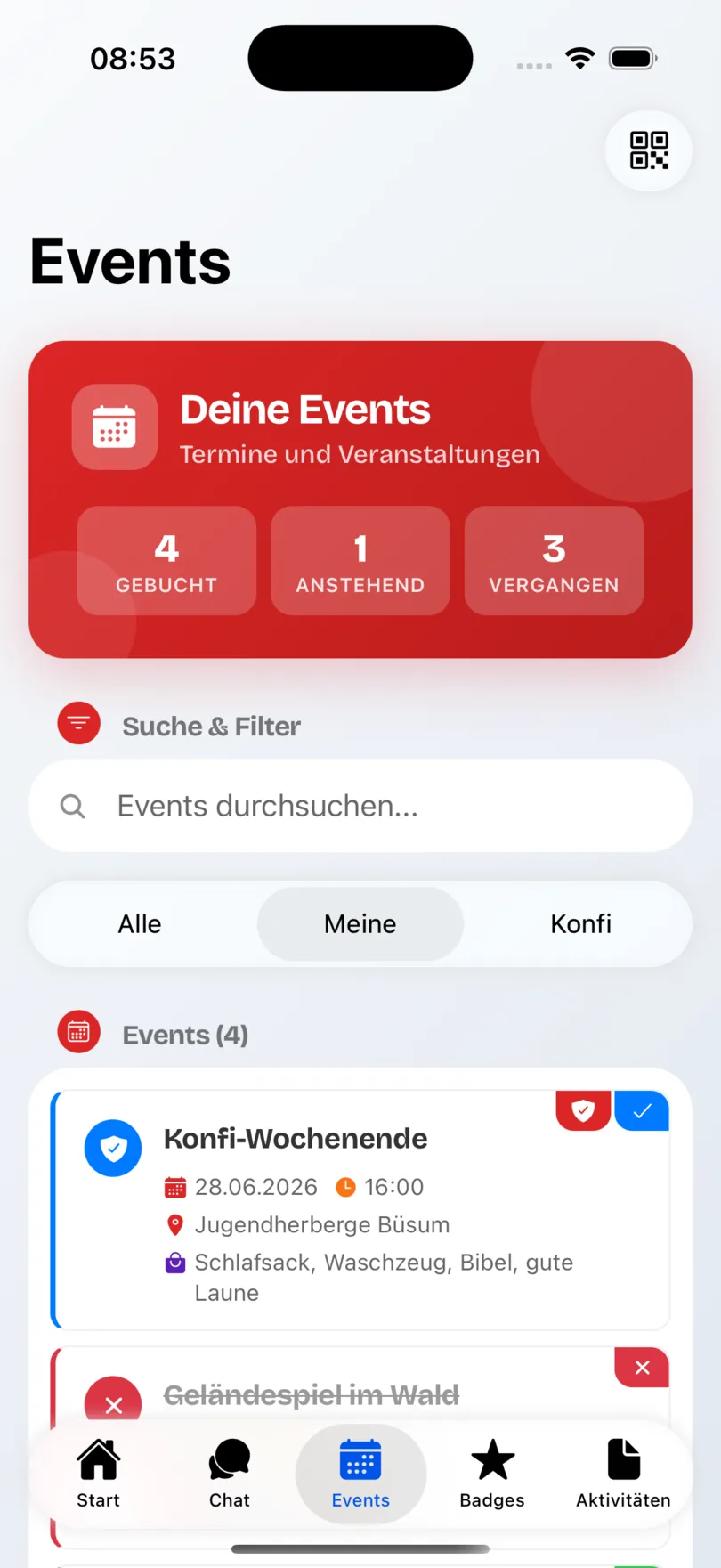 Event-Übersicht in Konfi Quest mit Anmeldung und Terminen der Gemeinde